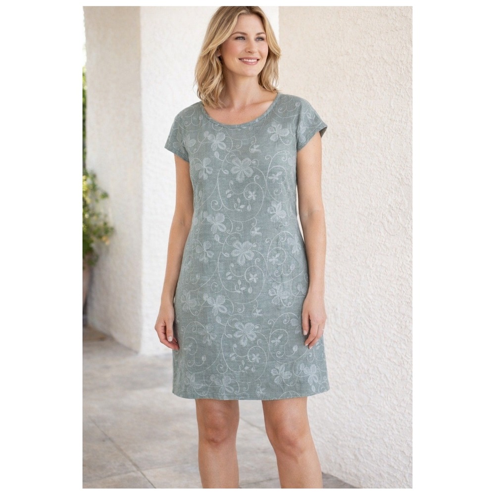 NWT Puro Lino Linen Dress Womens 2XL Sage Green Floral Embroidered Made in Italy